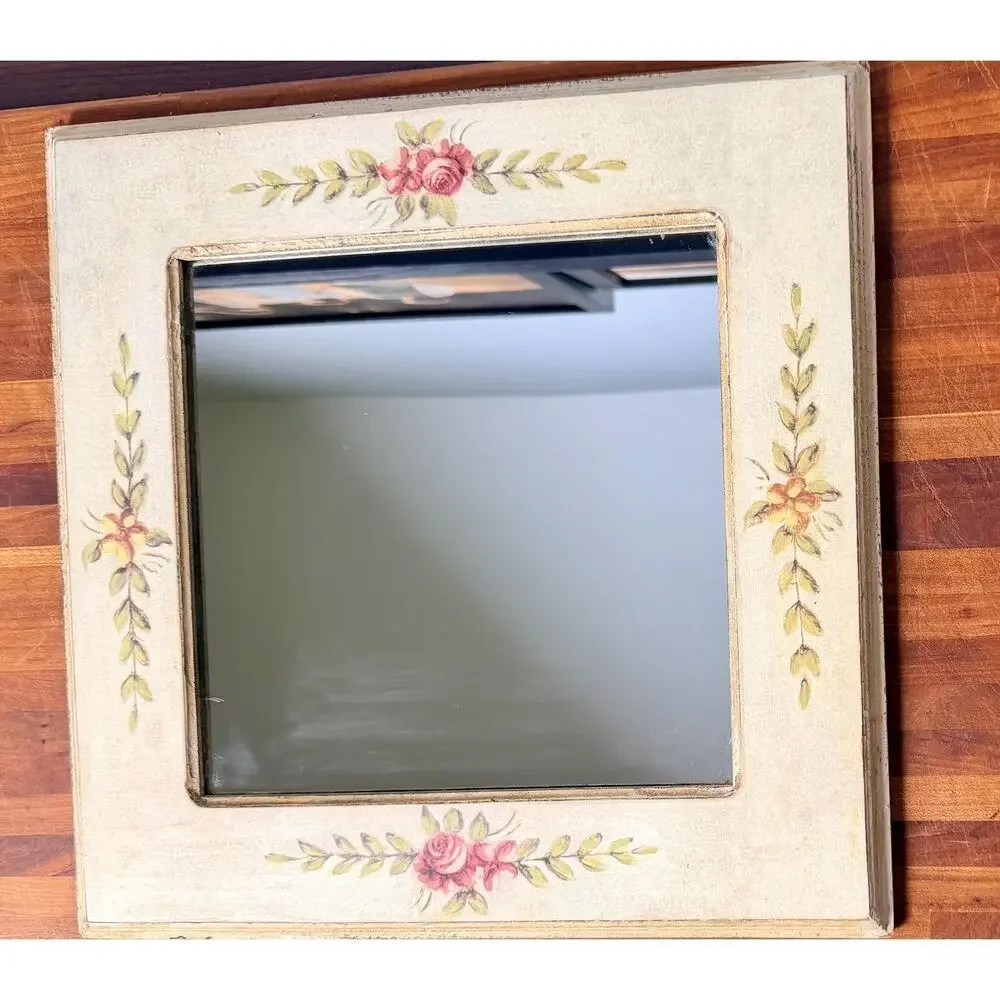 Vintage Hand-Painted Rose Floral Mirror, Cottagecore Shabby Chic Wall Decor